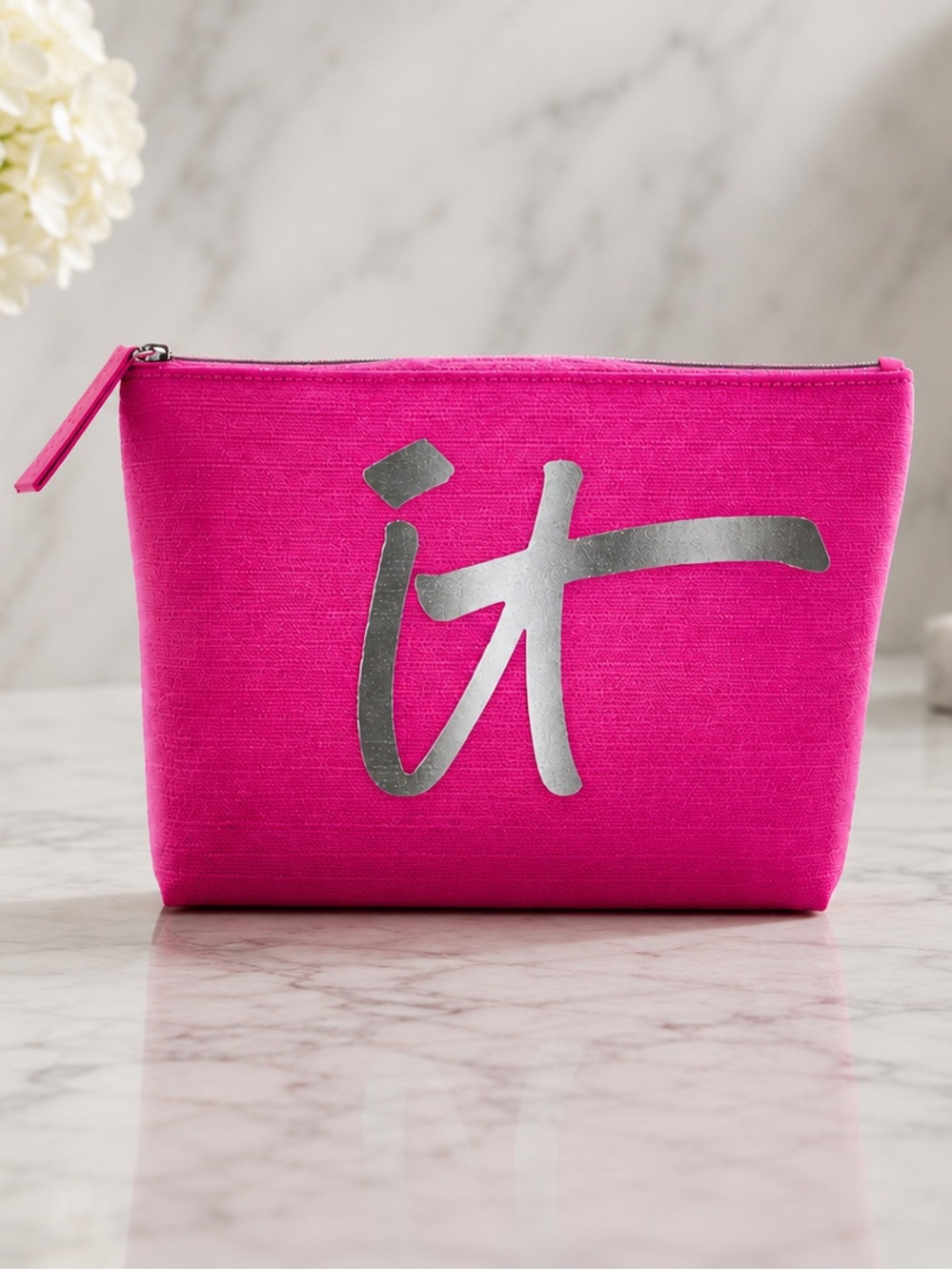 it cosmetics Hot Pink Cosmetic Bag with Silver Logo - Brand New!